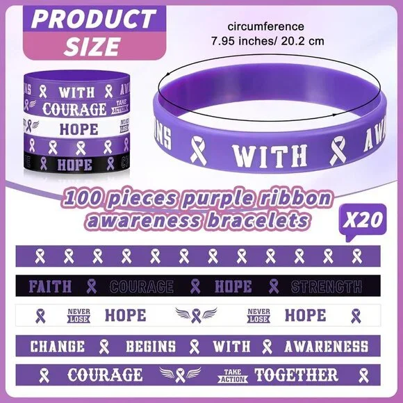 100pcs Purple Ribbon Awareness Bracelets Bulk Multiple Disease Support Charitabl - Picture 2 of 6